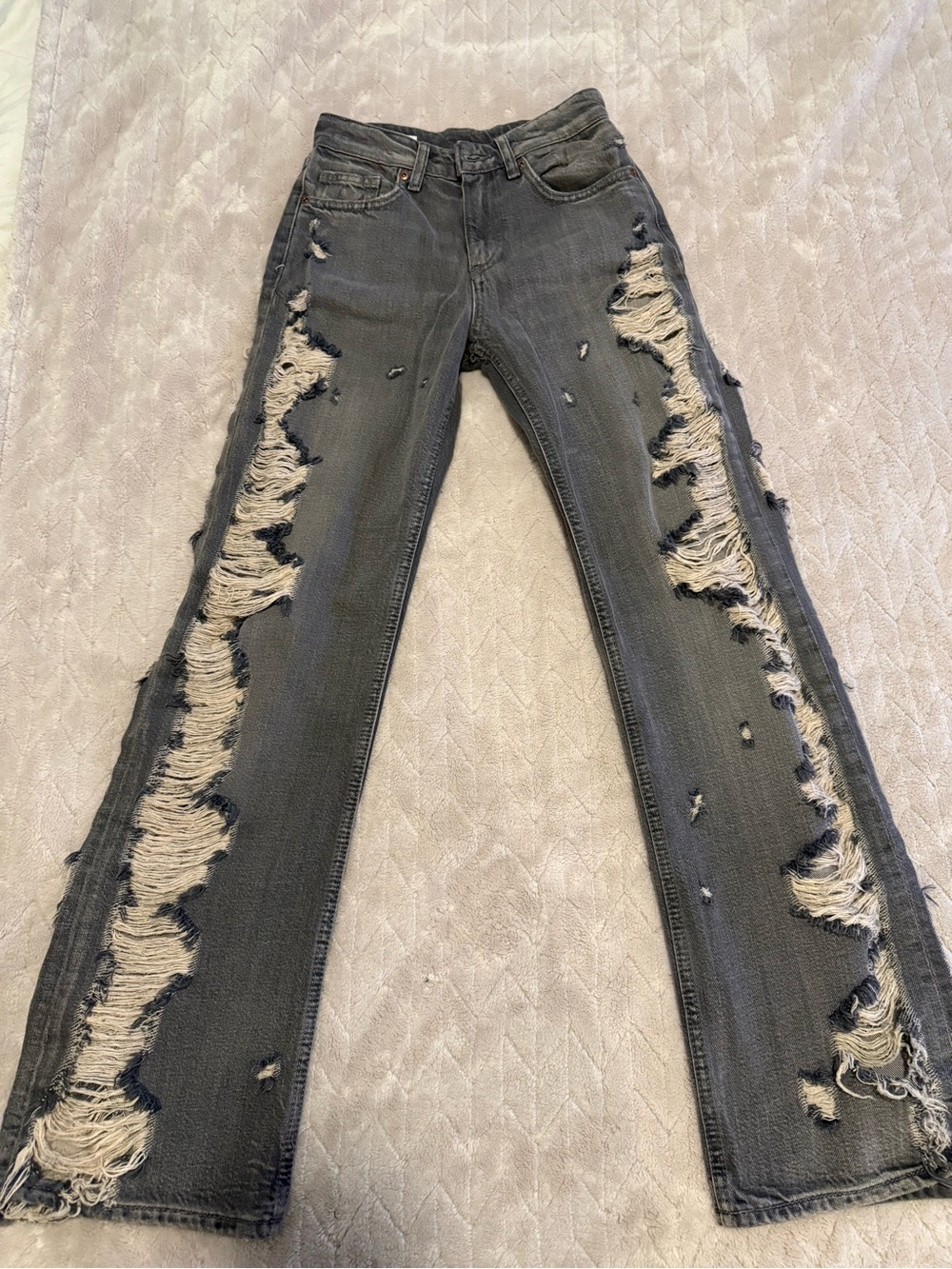 Zara Distressed Black Gray Flare Jeans with Frayed Side Panels